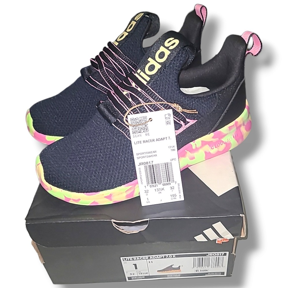 adidas Lite Racer Adapt 7.0 K Kids Shoes Black Pink Yellow Size 1 JR0817 New Box